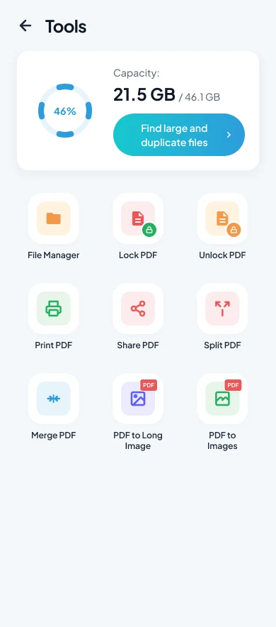Tools screen with PDF utilities